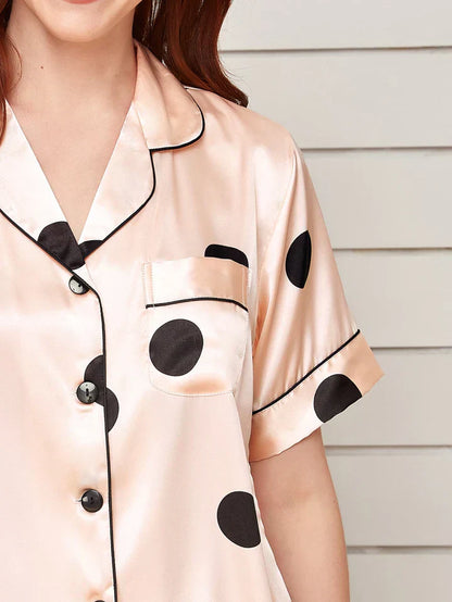Lapel Collar Shirt with Shorts Silk Lounge Set