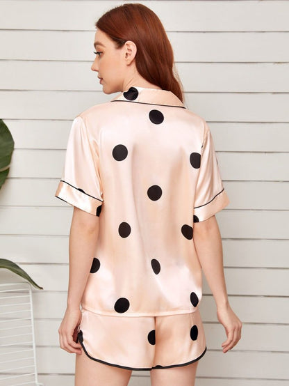 Lapel Collar Shirt with Shorts Silk Lounge Set