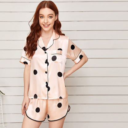 Lapel Collar Shirt with Shorts Silk Lounge Set